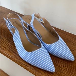 Blue and white striped kitten heels